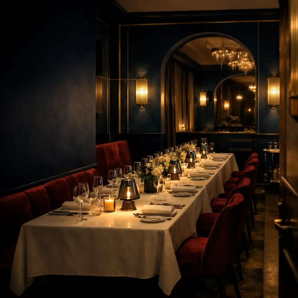 Wieczorny salon restauracji z długim nakrytym stołem, aksamitnymi kanapami i ciepłym światłem