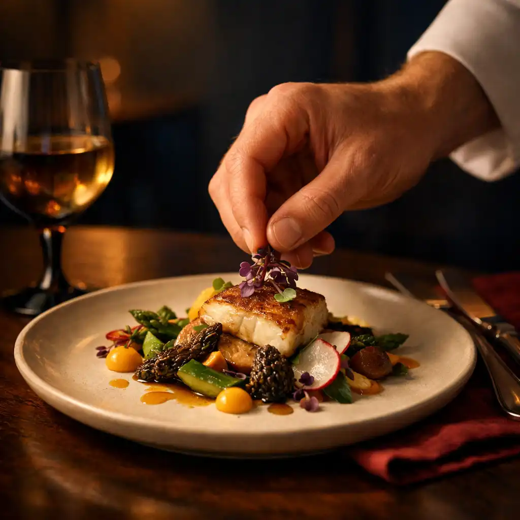 Dłoń finalizująca kompozycję gourmet cuisine na jasnym talerzu