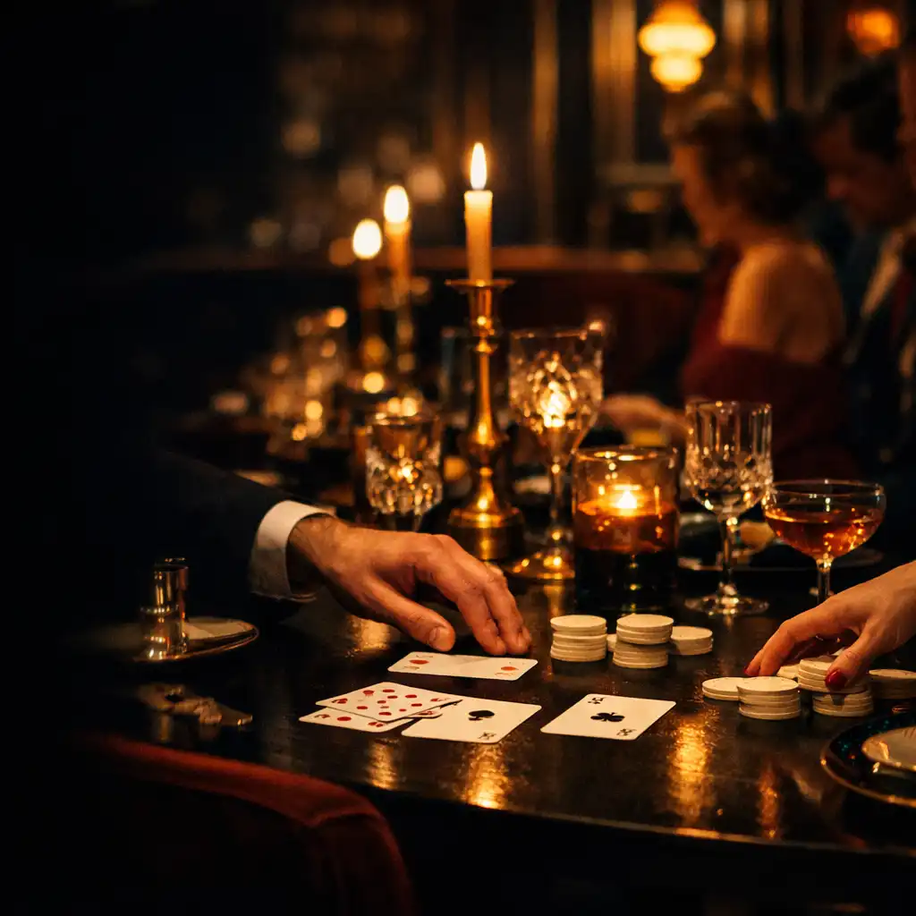 Wieczorny stół w art-deco restauracji z kartami, szkłem i ciepłym światłem