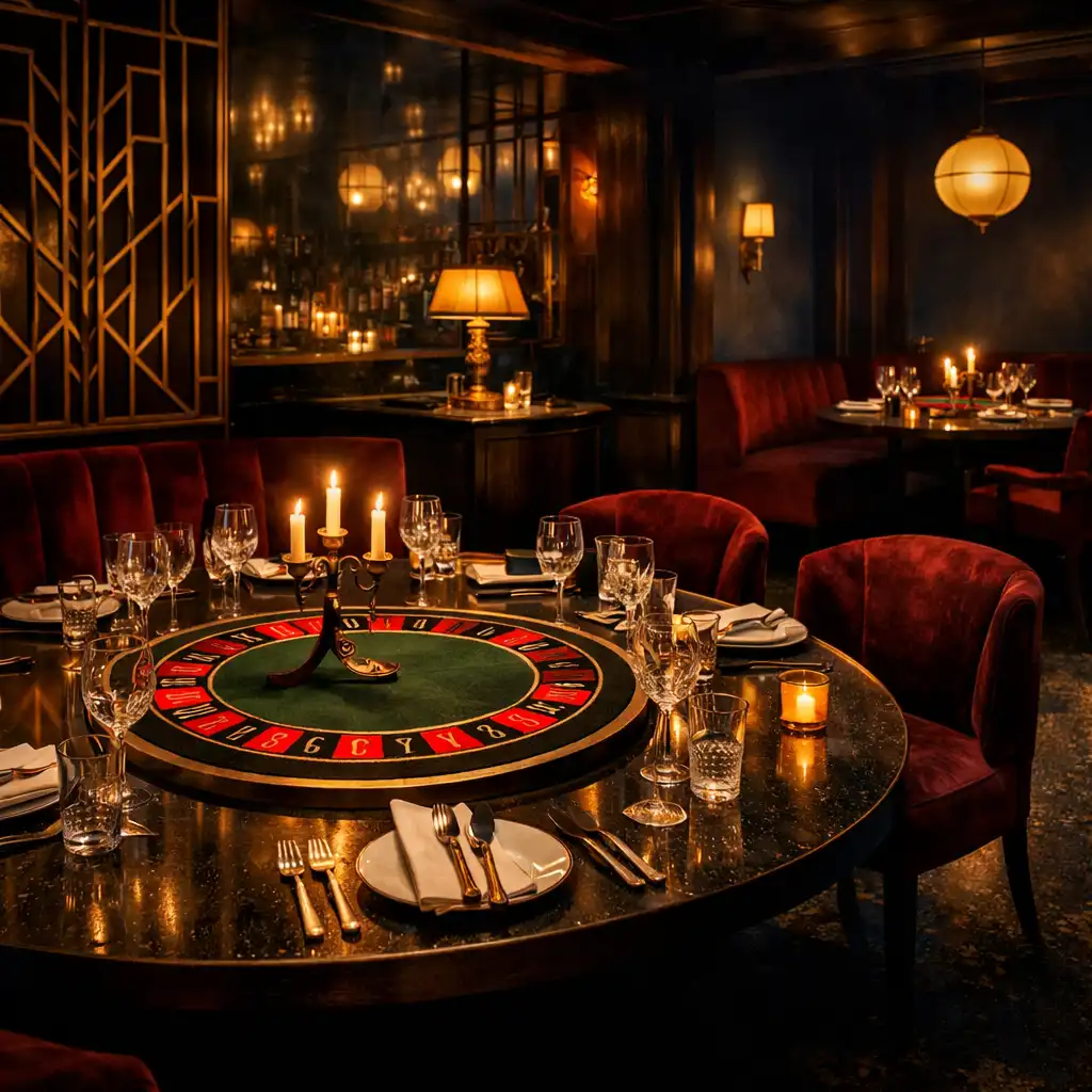 Art-deco wnętrze restauracji z burgundowym aksamitem, szkłem i detalem stołu