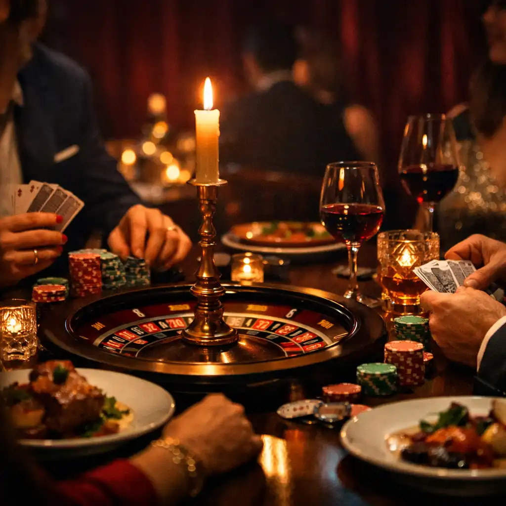Goście przy candlelit table podczas wieczoru tematycznego z kartami i detalem ruletki jako scenografią
