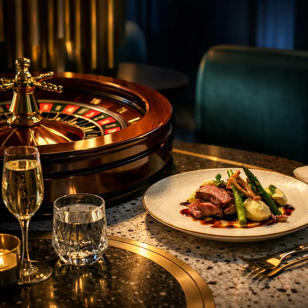 Detal koła ruletki obok starannie podanego dania i szkła na stole restauracyjnym