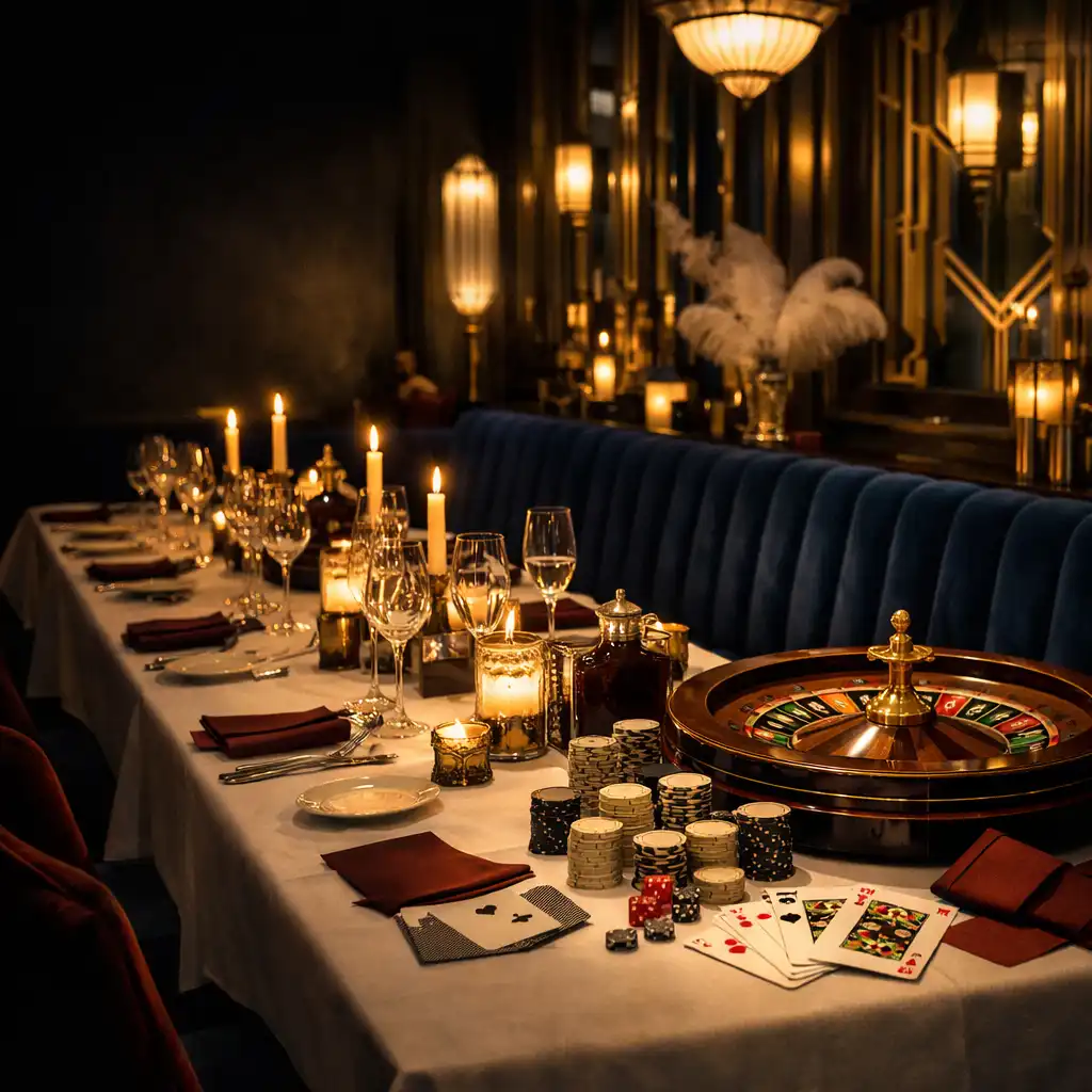 Art-deco salon TRYHARDGG SOLUTIONS LIMITED po zmroku z przygotowanym stołem i teatralnym światłem