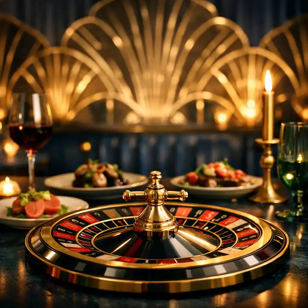 Detal inspirowany kołem ruletki przy eleganckiej kolacji w salonie art-deco